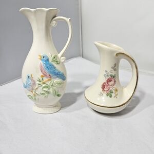 Lot of 2 Sweet Vintage Small Ceramic Floral Blue Birds Creamers Bud Vase Pitcher
